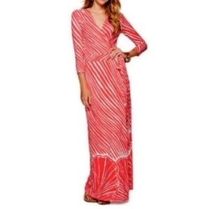 Lilly Pulitzer Adrina Wrap Maxi Dress Watermelon Shimmy Shell Stripe Coral White
